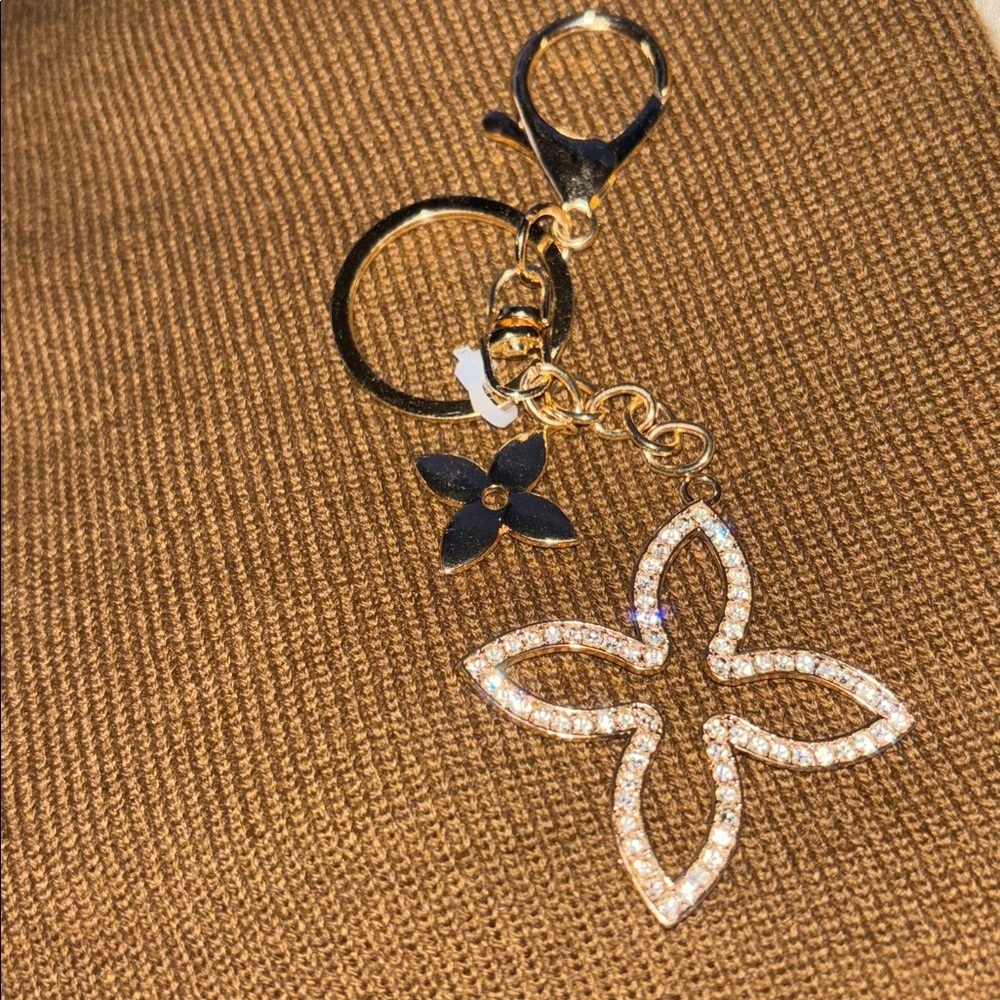 Gold Tone charm Keychain with Crystal floral Accents - Picture 3 of 9